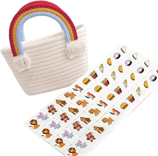 Seaside Escape Mahjong Sets with 49 Tiles 30mm Pet and Food Pattern with Staw Rainbow Handbag