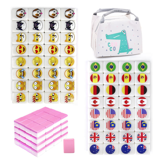 Seaside Escape Mahjong Sets with 65 Tiles 30mm Flag and Emoji Pattern with Handbag