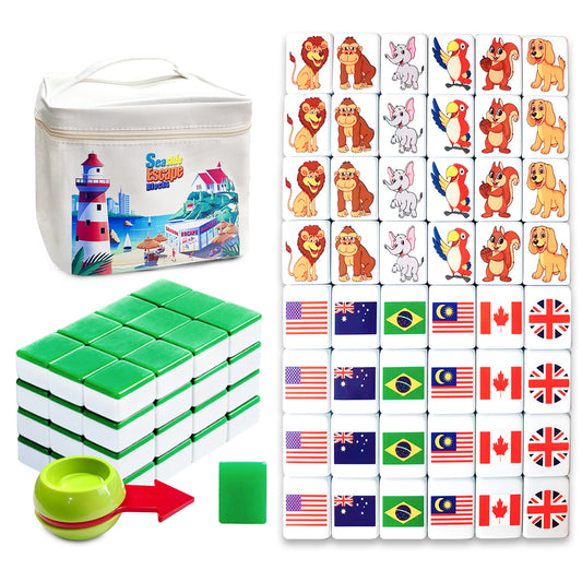 Seaside Escape Mahjong Sets with 49 Tiles 38mm Pet and Flag Pattern with Turntable and Handbag