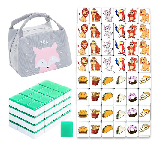 Seaside Escape Mahjong Sets with 49 Tiles 38mm Pet and Food Pattern with Grey Handbag
