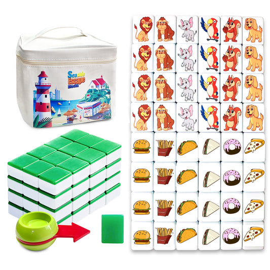 Seaside Escape Mahjong Sets with 49 Tiles 38mm Pet and Food Pattern with Turntable and Handbag