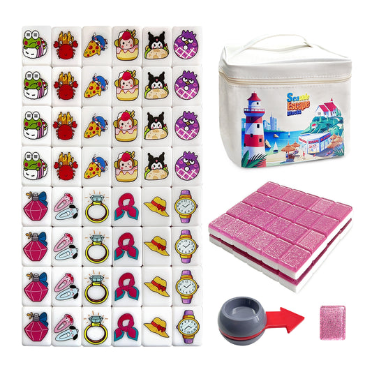 Seaside Escape Mahjong Sets with 49 Tiles 36mm Cartoon and Women Accessory Pattern with Turntable and Handbag