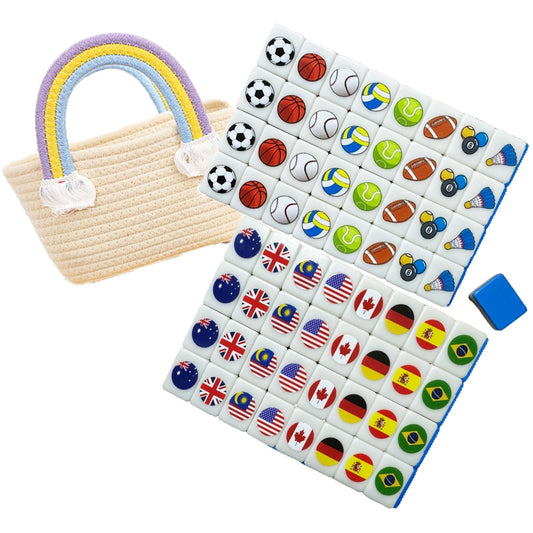 Seaside Escape Mahjong Sets with 65 Tiles 30mm Flag and Ball Pattern with Staw Woven Rainbow Handbag